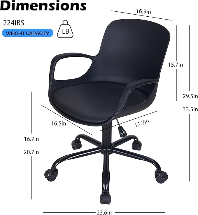 VECELO Mid-Back Chair for Desk with Armrests, Height Adjustable, 360°Swivel Wheels for Home Office Computer Study Work, Black