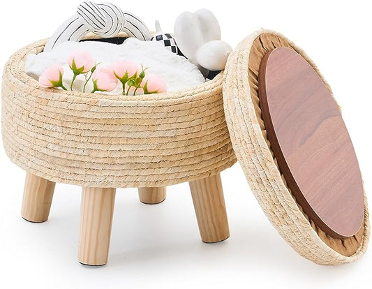 Cpintltr Storage Ottoman Poufs Handwoven Footstool Natural Seagrass Round Footrest Stool with 4 Wood Legs Soft Padded Outdoor Seat for Hallway Lounge Bedroom Garden