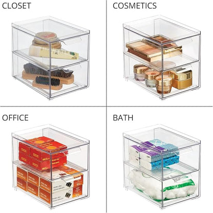 mDesign Stackable Storage Containers Box with 2 Pull-Out Drawers - Stacking Plastic Drawer Bins for Master or Guest Bathroom, Linen Closet, Vanity, or Makeup Table - Lumiere Collection - 8 Pack, Clear