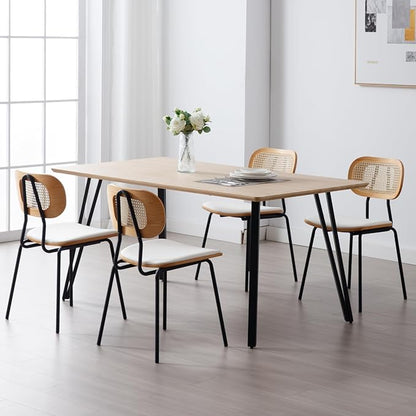 Mid-Century Modern Rattan Cane Back Dining Chairs Set of 6 — PU Leather Upholstered Seat, Black Metal Legs, Kitchen Side Chairs for Kitchen & Dining Room, White