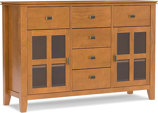SIMPLIHOME Artisan Buffet - 54 inch Wide Solid Wood 3-Door Sideboard Buffet in Honey Brown, Transitional Storage Cabinet for Dining Room or Kitchen with Adjustable Shelves and Bronze Hardware