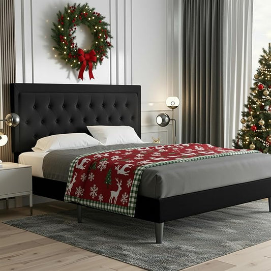 Allewie Queen Size Upholstered Platform Bed Frame with Adjustable Headboard, Button Tufted, Wood Slat Support, Easy Assembly, Black