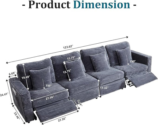 ORRD Power Reclining Sectional Sofa, Electric 4 Seat Recliner with 2 Electric Footrest and Adjustable Headrest, Modern Plush Corduroy Fluffy Modular Sectional with Deep Seat for Living Room-Blue Grey