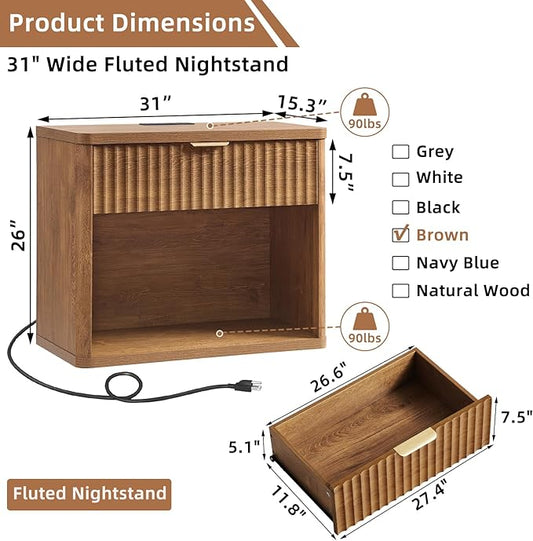 LEYAOYAO 31" Wide Fluted Nightstand Set of 2 with Charging Station, Oversized Extra Large 1 Drawer Night Stand with Golden Handle, Brown Wood Bedside Table Tall End Tables,for Bedroom, Living Room
