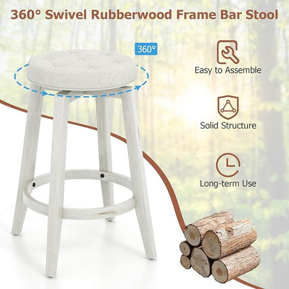 COSTWAY 360° Swivel Bar Stools Set of 4, 30-inch Height Vintage Upholstered Rubberwood Backless Bar Chairs with Footrest, Retro Kitchen Counter Stools for Kitchen Island Dining Room Home Bar, White