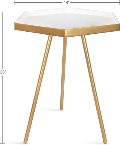 Kate and Laurel Kashvi Modern Hexagon Side Table, 14" x 14" x 20", White and Gold, Contemporary Geometric Accent End Table