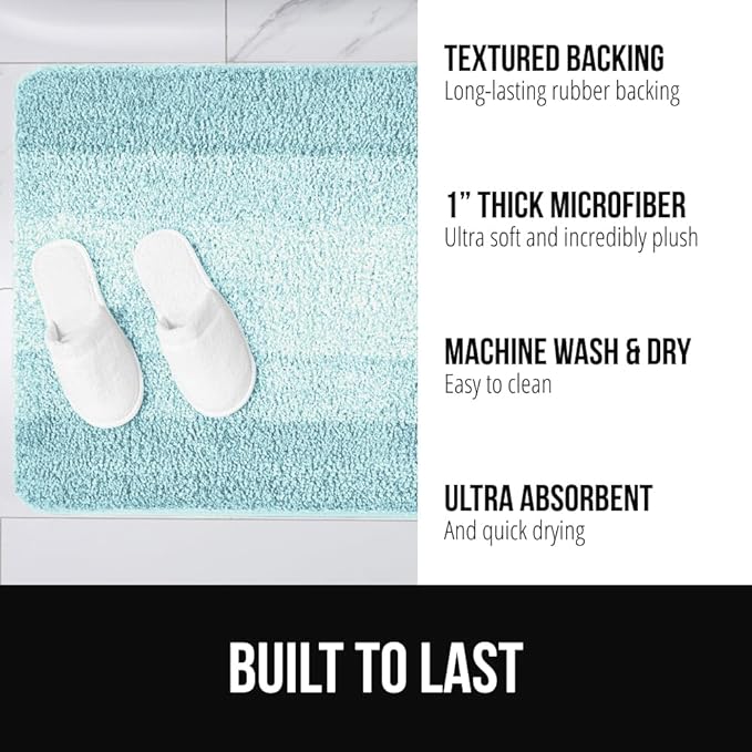GORILLA GRIP Ultra Soft Plush Bathroom Rugs with Textured Rubber Backing, Absorbent Quick Dry Bath Mat, Machine Washable Shower Mats, Home Décor Accessories Bathmat Rug Essentials, 24 x 16 Light Blue