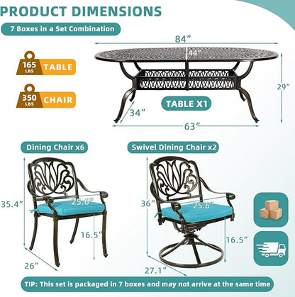 MEETWARM 9-Piece Outdoor Patio Dining Set, All-Weather Cast Aluminum Patio Conversation Set with 2 Swivel Rocker Chairs, 6 Stationary, 1 Oval Table, 8 Cushions, 2" Umbrella Hole, Ocean Blue