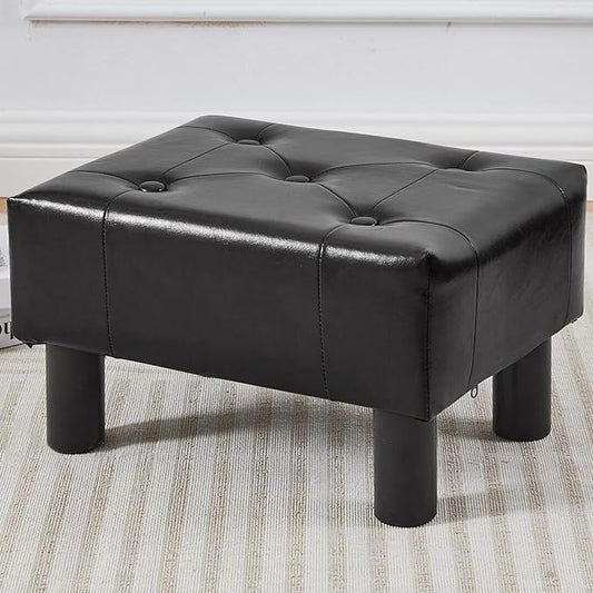 Small Foot Stool Ottoman, Faux Leather Footstool Ottoman Foot Rest for Couch, Rectangle Footstools and Ottomans Small for Living Room, Entryway and Bedroom (Black)