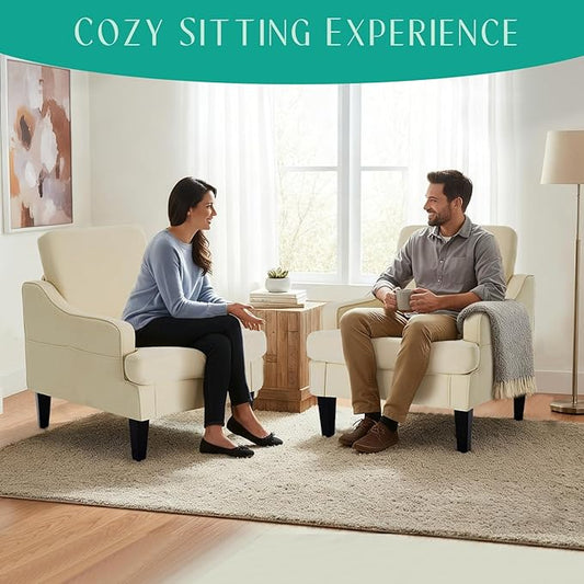 Modern Accent Chairs Set of 2 Upholstered Reading Chair for Bedroom with Side Pockets Comfy Living Room Chairs Living Room Armchair for Office, Apartment (Beige)