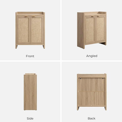 SICOTAS Shoe Cabinet Set of 3, Large Capacity Shoe Storage Organizer Cabinet, Tall Rattan Shoe Cabinet with Doors and Shelves, 6-Tier Farmhouse Boho Wooden Storage Cabinet for Entryway, Light Oak