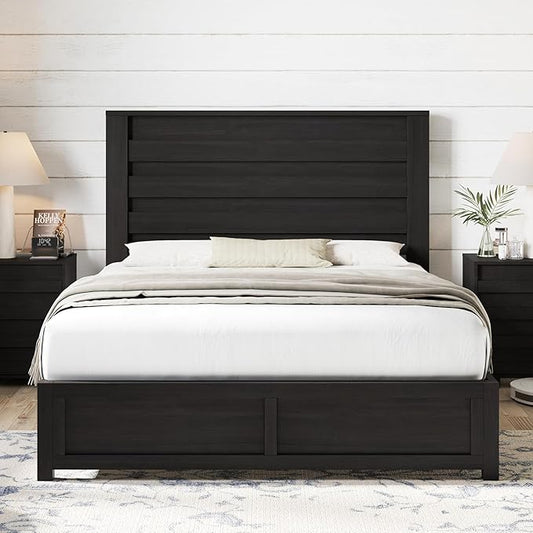 AMERLIFE Farmhouse Queen Size Bed Frame with 49" Tall Headboard, Platform Bed with Natural Wood Grain, No Box Spring Needed/Noise Free, Black