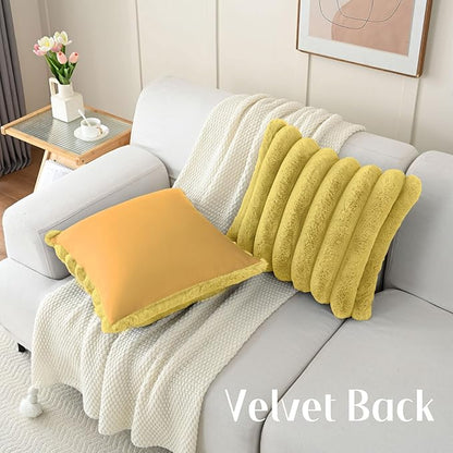 FUTEI Mustard Yellow Decorative Throw Pillow Covers 20x20 Inch Set of 2, Square Soft Faux Rabbit Fur Big Striped Cushion Cover,Home Decor for Couch Sofa Bed Living Room