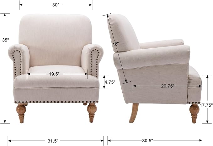 chairus Linen Accent Chair for Living Room Upholstered Mid Century Modern Single Sofa Chair with Solid Wood Legs Comfy Reading Chair Armchair for Bedroom/Office Room/Recption/Lounge, Cream