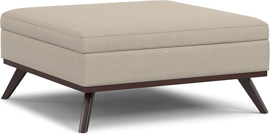 SIMPLIHOME Owen 40 inch Wide Mid Century Modern Square XL Coffee Table Storage Ottoman in Natural Polyester Fabric, Assembled, for The Living Room, Entryway and Family Room