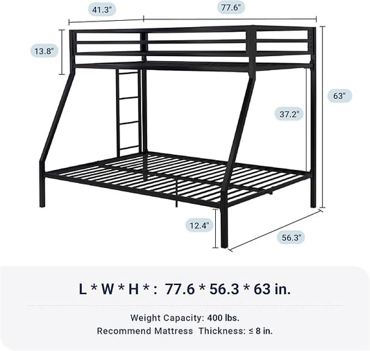 Allewie Metal Bunk Bed Twin Over Full Size for Junior & Adults with Ladder and Heavy Duty Guardrail, Small Space Saving Design for Bedroom Kid Room and Dorm, Black