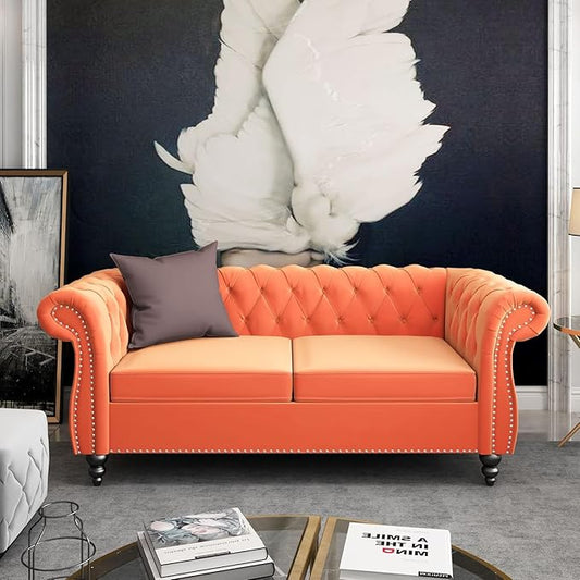 Chesterfield Loveseat Sofa, Modern Velvet Small Sofa Couch 2 Seater with Rolled Arms and Nailhead, Mid Century Modern Loveseat Couch for Small Spaces Living Room Bedroom Apartment, Orange
