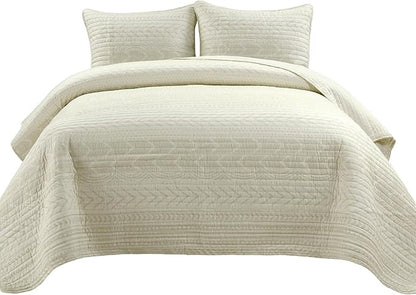 Lush Decor Hygge Geo Pattern Striped 3 Piece Quilt Bedding Set, King, Ivory