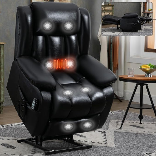Luxlen Electric Power Lift Recliner Chair with Vibration Massage and Heat, Leather Reclining Chairs for Elderly with Remote Controls, Side Pockets, Big and Tall Recliner, Black