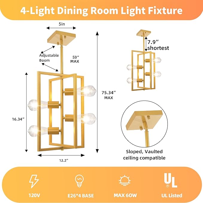 Farmhouse Kitchen Island Lighting: 4-Light Frosted Gold Chandeliers for Dining Room, Rustic Industrial Dining Room Light Fixtures, for Living Room, Bedroom, Foyer, Entryway, Staircase