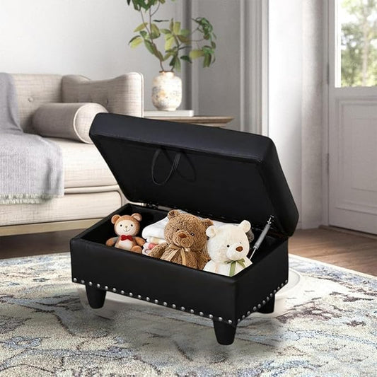 Faux Leather Storage Ottoman with Nailhead Trim, 28.5"X19.5"X17.5" Footrest Stool, Hidden Storage Foot Stool for Living Room, Bedroom Furniture, Black