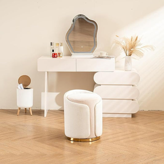 Swivel Vanity Stool with Gold Base Comfy Vanity Chair Modern Round Stool for Makeup Vanity Ottoman Foot Rest for Bedroom livingroom (Beige)