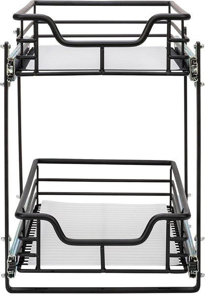 Household Essentials Glidez Multipurpose Paint-Finished Steel Pull-Out/Slide-Out Storage Organizer with Plastic Liners for Under Cabinet Use - 2-Tier Dual-Slide Design, Black