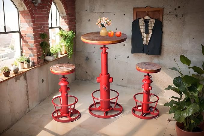 Topower 3 Piece Pub Bar Set Retro Round Bar Table and Stools for 2 Height Adjustable Pub Desk and Stools Match Bar Height and Counter Barstool Antique Red(1 Table + 2 Chairs)