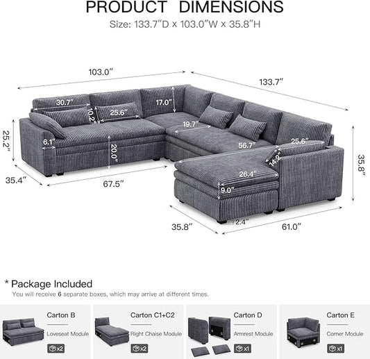 Belffin Large Modular Sectional Sofa with Deep Chaise, Corduroy U Shaped Couch with 9" Soft Dual-Layer 7 Seats Cushion for Living Room, Apartment, Light Grey