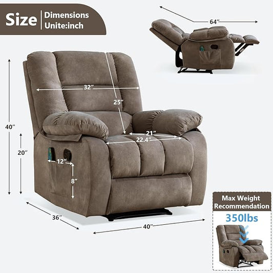 ANJHOME Massage Recliner Chairs with Heat and Vibration,Overstuffed Manual Rocking Reclining Chair for Living Room Bedroom (Brown)