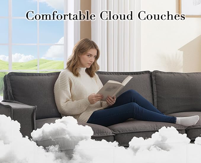 EALSON 119" Modular Sectional Sofa Modern Comfy 4-Seater Couch Sofa Linen Fabric Upholstered Cloud Couches with 24" Deep Seat and Wooden Legs for Bedroom/Living Room/Office, Grey