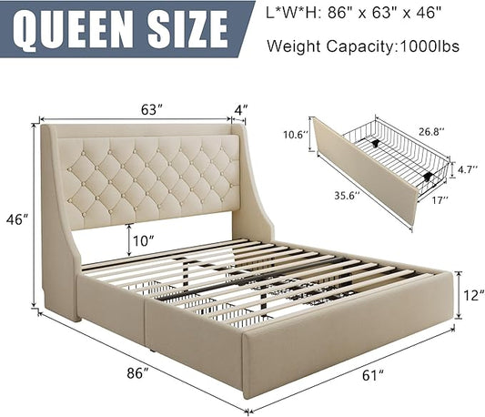 Queen Size Upholstered Platform Bed Frame with 4 Storage Drawers and Charging Station, Linen Button Tufted Wingback Headboard, Sturdy Wooden Support Slats, No Box Spring Needed, Beige
