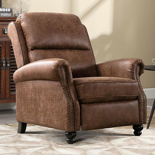 Push Back Recliner Chair Faux Leather Lounge Armchair with Rivet Decoration Wingback Single Sofa Chair with Padded Seat Solid Wood Legs for Living Room, Chocolate