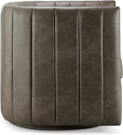CHERS Rivet Mid-Century Modern Swivel Armchair, Channel-Tufted Faux Leather Accent Chair, 360-Degree Rotating Lounge Chair with Ergonomic Design for Living Room, Bedroom, Home Theater, Pewter