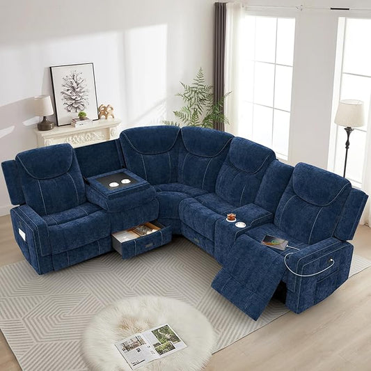 Home Theater Seating, Manual Recliner Sectional Sofa for Living Room, 5 Seater Reclining Sectional Couch with Flip-Up Backrest, Storage Console, USB Ports, Cloud-Like Blue Fabric