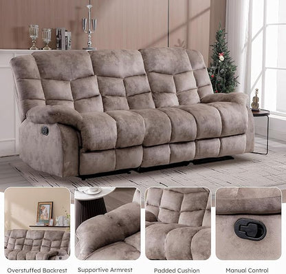 EBELLO Manual Recliner Couch Set, Soft Fabric Reclining Living Room Sofa Set, Includes Single Recliner Chair and 3PC Bonded Sofa, Light Brown