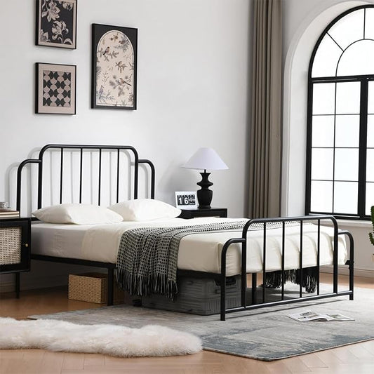 PINJU Metal Platform Bed Frame with Headboard and Footboard, Classic Style, Sturdy Metal Slats, No Box Spring Needed, Easy Installation (Black, Queen)