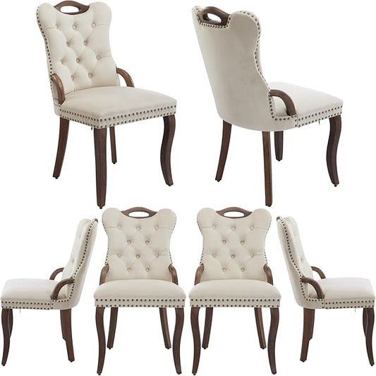 Velvet Dining Chairs Set of 6, Solid Wood Handles, Wooden Upholstered Dining Chair, Vintage Copper Nail Decoration, Mid Century Modern Kitchen Chair (Beige, Set of 6)