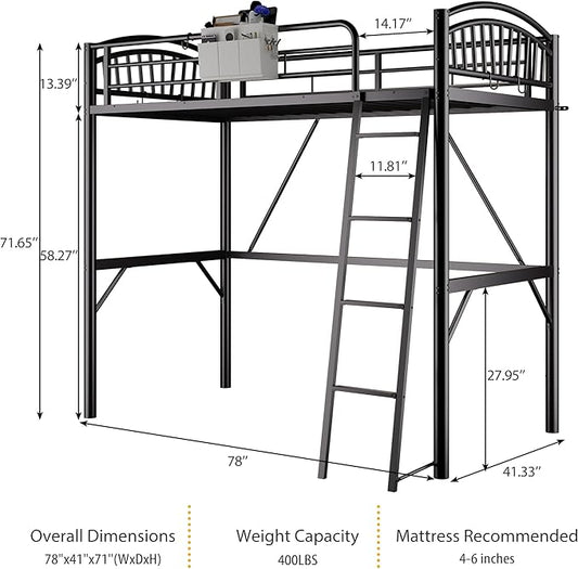 Metal Loft Bed Twin Size, Twin Loft Bed with Bedside Caddy, Convertible Ladder & Full-Length Guardrails, Space-Saving & Noise Free Design, No Box Spring Needed, Loftbed Frame for Teens Adults