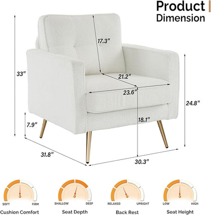 VINGLI Upholstered Living Room Chairs White Accent Chair Fluffy Teddy Fabric Mid Century Modern Sofa Chairs with Arms, Gold Legs for Reading, Bedroom, Waiting Room