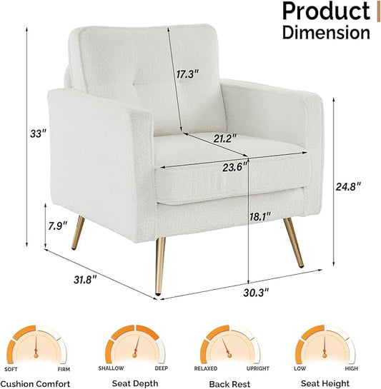 VINGLI Upholstered Living Room Chairs White Accent Chair Fluffy Teddy Fabric Mid Century Modern Sofa Chairs with Arms, Gold Legs for Reading, Bedroom, Waiting Room