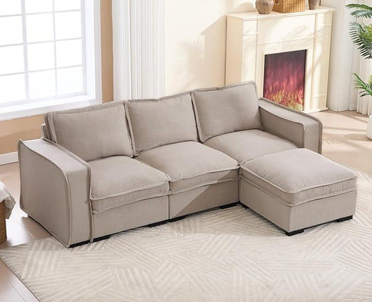 EALSON 93" Modular Sectional Sofa Comfy Cloud Couch with Ottoman Modern Convertible L Shape Couches with Wooden Legs Linen Deep Seat Couch 4-Seater Sofa for Living Room/Apartment, Oatmeal