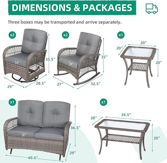 VIVIJASON 7-Piece Outdoor Patio Wicker Conversation Sets, All Weather Outdoor Rattan Furniture Set Includes Glider Loveseat, 2 Rocking Chairs, 2 Swivel-Gliders Chairs, 2 Coffee Table, Grey