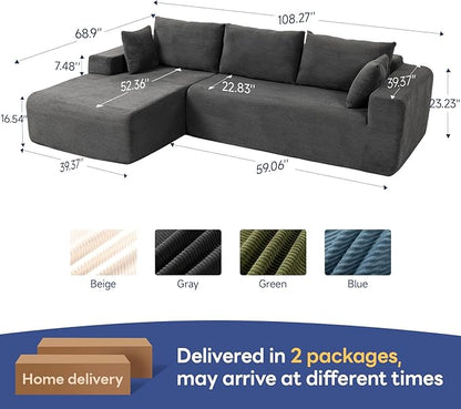2025 New 108" Cloud Couch Sectional, Modular Sectional Sofa with L-Shaped Chaise, Deep Seat Sectional Modular Couch for Living Room, No Assembly Required (Gray, Left Facing Chaise)