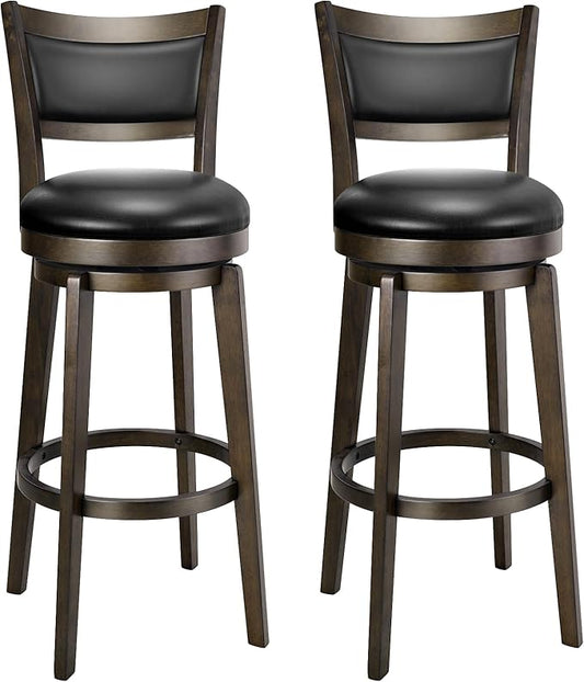 PrimeZone Swivel Bar Stools Set of 2, 32 Inch Tall Bar Height Barstools, Black Faux Leather Bar Stool with High Backrest & Solid Wood Legs & Wrap-Around Footrest, Counter Stools for Pub