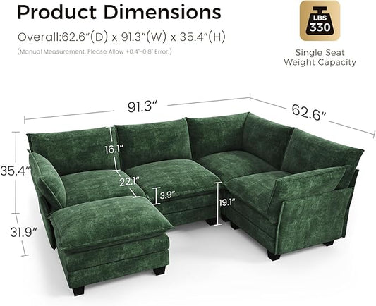 KKL Modular Sectional Sofa, J-Shaped 5 Seater Convertible L-Shaped Cloud Couch with Ottoman, Chenille Modern Sectional Couches for Living Room, Apartment Green