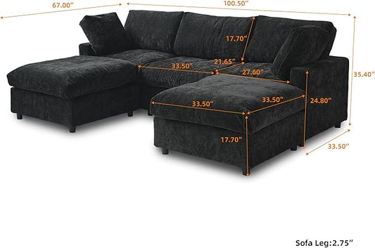 WJShome 100 Inch U Shaped Modern Sofa Modular Sectional Cloud Couch with 2 Ottoman, 4-Seat Chenille Deep Seat Couches for Living Room, Bedroom and Apartment，Black
