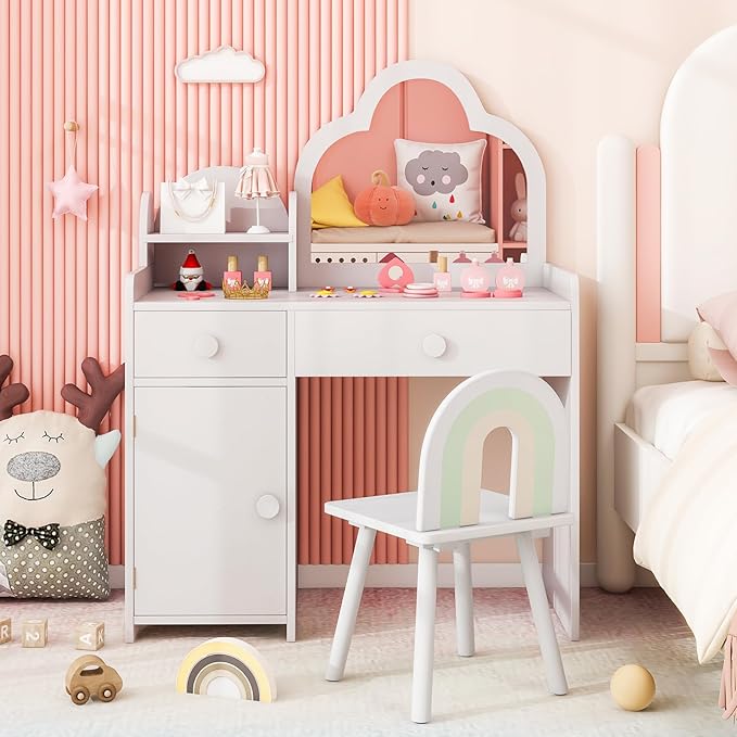 Costzon Kids Vanity, 2 in 1 Girls Vanity Set with Mirror, Drawers, Storage Shelf & Cabinet, Makeup Vanity Desk Dressing Table, Kids Vanity Table and Chair Set for Little Girls (White)