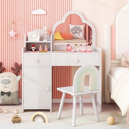 Costzon Kids Vanity, 2 in 1 Girls Vanity Set with Mirror, Drawers, Storage Shelf & Cabinet, Makeup Vanity Desk Dressing Table, Kids Vanity Table and Chair Set for Little Girls (White)