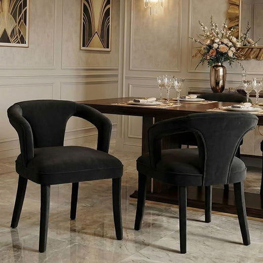 Black Velvet Dining Chairs Set of 2, Modern Upholstered Accent Chairs with Curved Back & Arms, Comfy Large Fully Upholstered Side Chair for Living Room